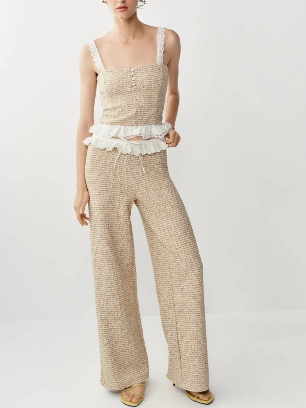 Zara NWT 2 piece SET textured embroidered Beige Ruffle Trim top & pants